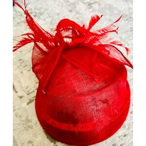Red Fascinator Hat Feathers Bow Pillbox Wedding Church Formal Event, Deby Garden